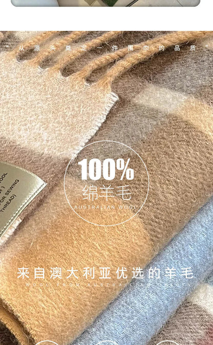 High Quality 100% Pure Wool Plaid Scarf Women Couples Winter Autumn Soft Warm