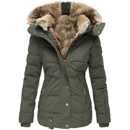 Winter Warm Wool Collar Cotton Coat Womens Zipper Long Sleeve Slim Fit Hooded