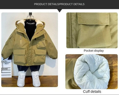 New Winter Down Cotton Jacket Boys Black Hooded Coat Children Outerwear