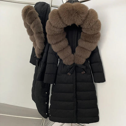 Real Faux Fur Collar Puffer Jacket Duck Down Thick Coat For Women