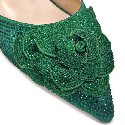 Women's Pointed-Toe Large Flower Decoration Rhinestone Low Heel Italian Shoes