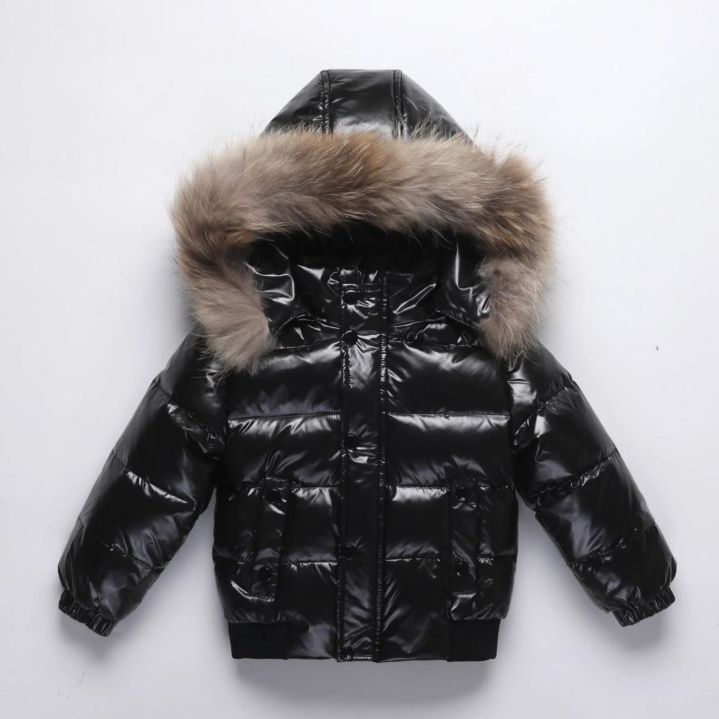 Kids Winter Down Jacket Real Faux Fur Waterproof Shiny Thick Warm Outerwear