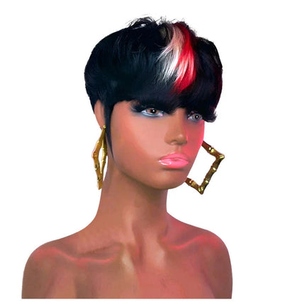 613 Blue Highlight Short Straight Bob Wigs Pixie Human Hair Wig With Bangs Full