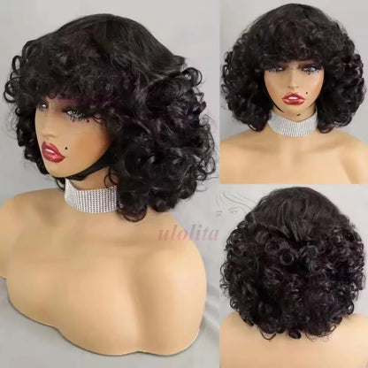 99J burgundy Fumi Curly Bob Wig Bouncy Pixie Cut Wig Highlight Full Machine Egg