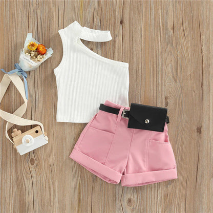 1-5 Years Infant Girl Casual Set Tanks Tops + Shorts + Waist Bag Pockets
