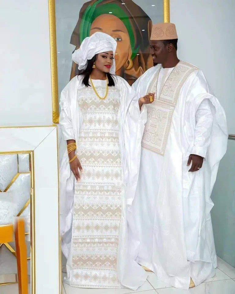 African Dresses For Couples Traditional Bazin Embroidery Dresses Floor Length