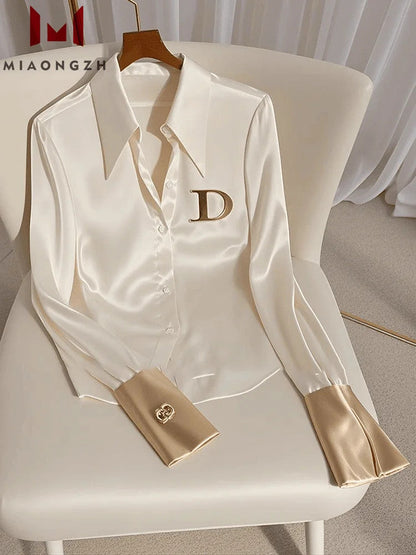 High Quality Fashion Women's White Satin Shirt Turn Down Collar Long Sleeve