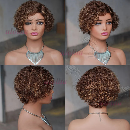 Ombre Blonde T1B27Pixie Cut Short Curly Bob Side Part Non Lace Front 100%