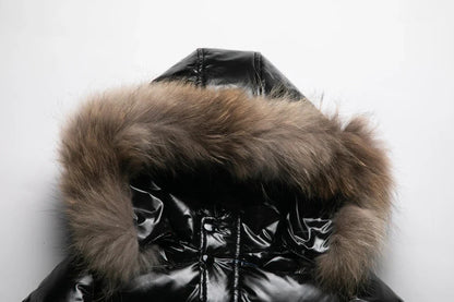 Kids Winter Down Jacket Real Faux Fur Waterproof Shiny Thick Warm Outerwear