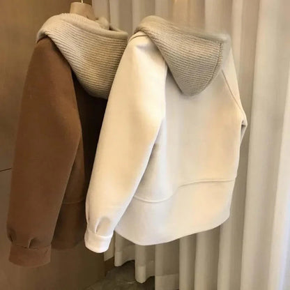 Winter Woolen Coat Women's High-end Feel Knitted Hooded Thickened Top Two-piece