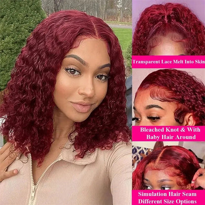 Burgundy 99J Deep Wave Short Bob Wigs 100% Human Hair Wig Water Curly Wig Baby