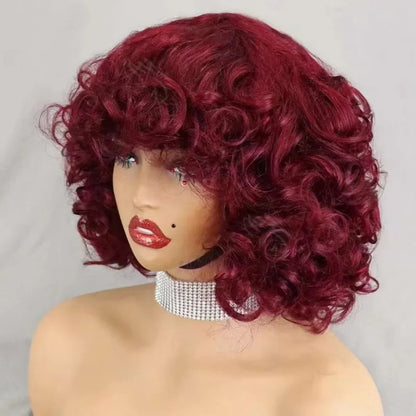 99J burgundy Fumi Curly Bob Wig Bouncy Pixie Cut Wig Highlight Full Machine Egg