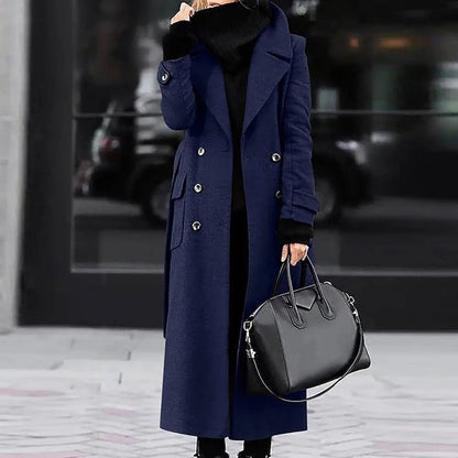 Women's Woollen Double-breasted Mid-calf Long Sleeves Jacket
