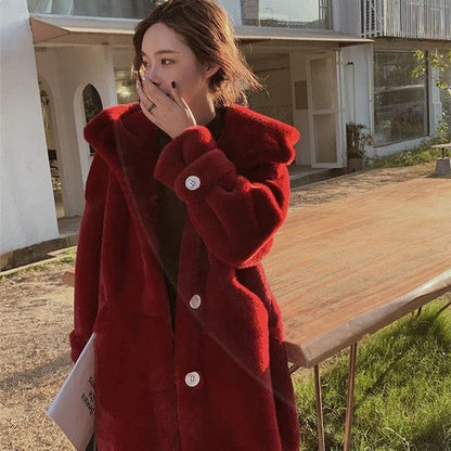 Winter Women's Faux Rabbit Fur Coat Hooded Thick And Plush Jacket