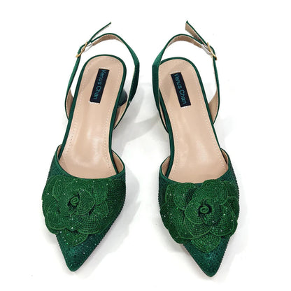 Women's Pointed-Toe Large Flower Decoration Rhinestone Low Heel Italian Shoes
