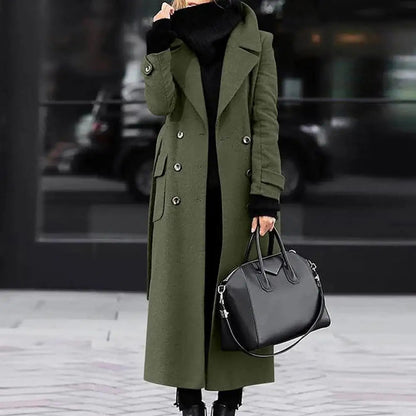 Women's Woollen Double-breasted Mid-calf Long Sleeves Jacket