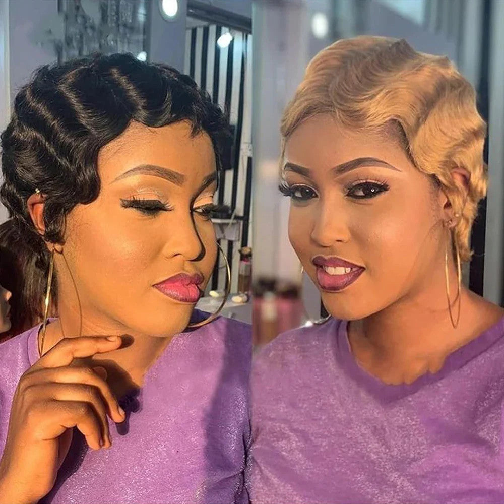 Finger Wave Pixie Human Hair Wigs For Women 180% Density