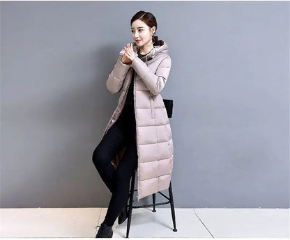 Winter Hooded Jacket Over The Knee Long Thick Women's Slim-Fitting Down Padded