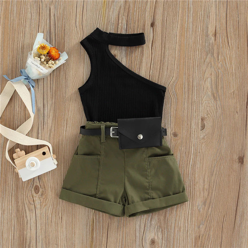 1-5 Years Infant Girl Casual Set Tanks Tops + Shorts + Waist Bag Pockets