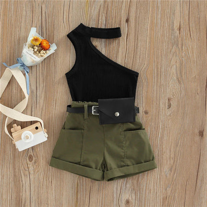 1-5 Years Infant Girl Casual Set Tanks Tops + Shorts + Waist Bag Pockets