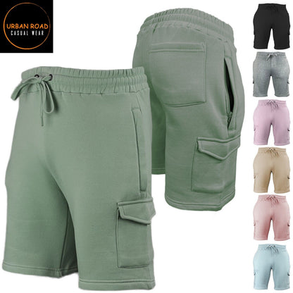 Mens Elastic Waist Casual Sports Cargo Fleece Shorts