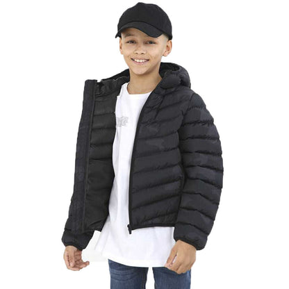 Kids Boys Grant Black Camo Hooded Puffer School Jacket