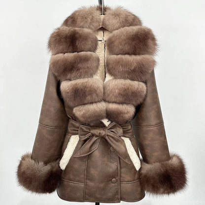 Women's Large Faux Fur Leather Jacket Warm Autumn Winter Outwear High Street