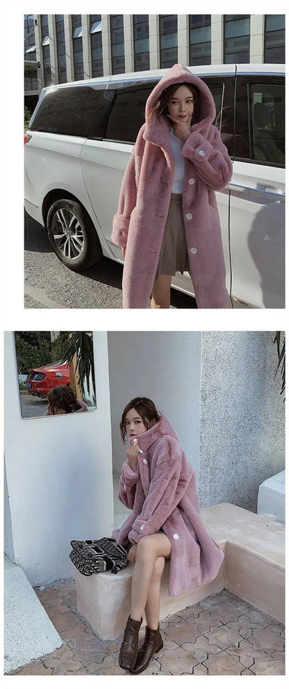 Winter Women's Faux Rabbit Fur Coat Hooded Thick And Plush Jacket