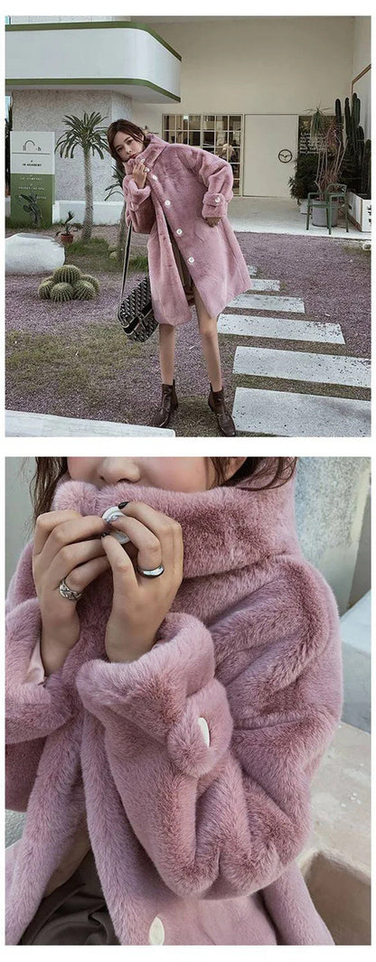Winter Women's Faux Rabbit Fur Coat Hooded Thick And Plush Jacket