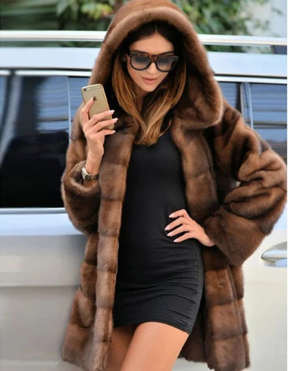 Women's mink fur coat medium long hooded Jacket