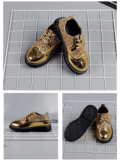 Boys Hollow Out silver Shoes Leather for Kids Party Wedding Dance Shoe Dress