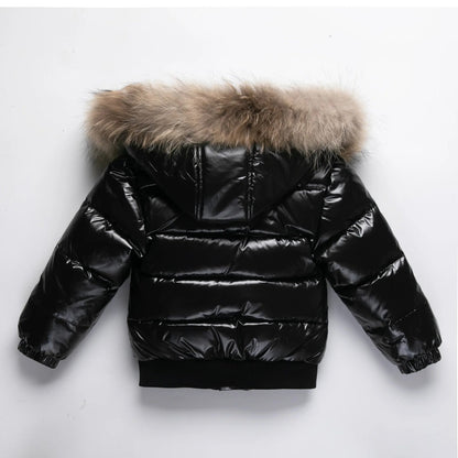 Kids Winter Down Jacket Real Faux Fur Waterproof Shiny Thick Warm Outerwear