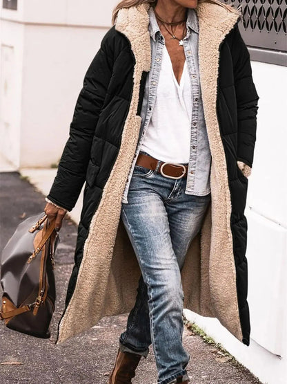 Winter Hooded Quilted Women's Solid Reversible Long Sleeve Thick