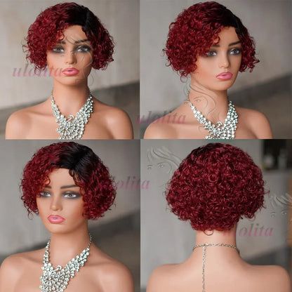 Ombre Blonde T1B27Pixie Cut Short Curly Bob Side Part Non Lace Front 100%