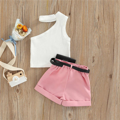 1-5 Years Infant Girl Casual Set Tanks Tops + Shorts + Waist Bag Pockets