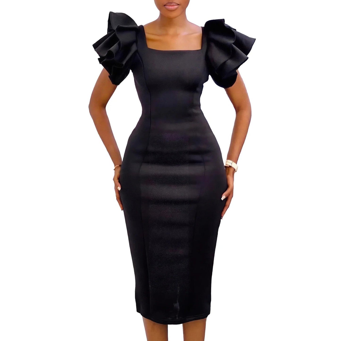 CM.YAYA Women Ruffles Short Sleeve Square Collar Knee Length Dress Street