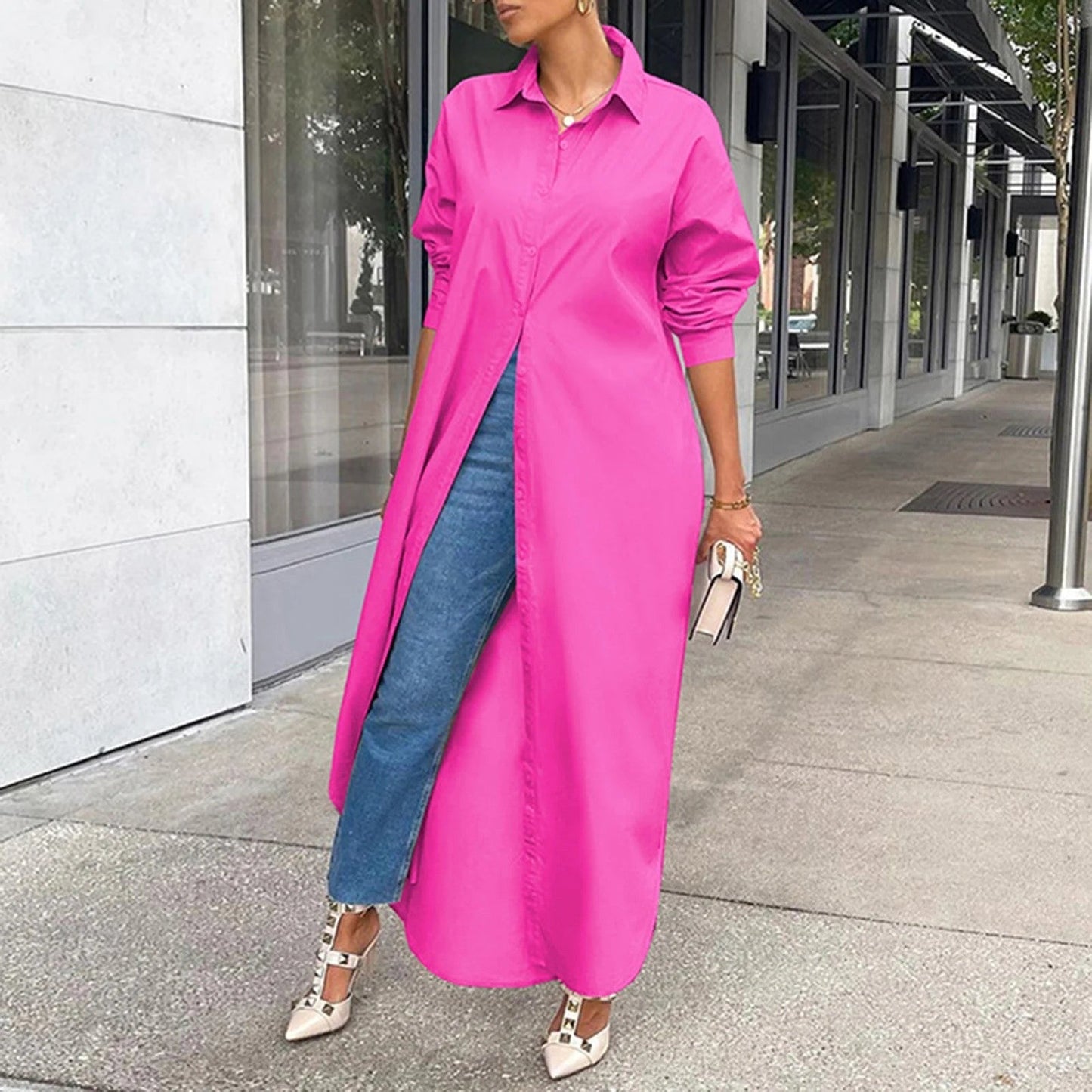Women Shirt Windproof Shirt Dress Versatile Hem Stylish Autumn Winter Solid