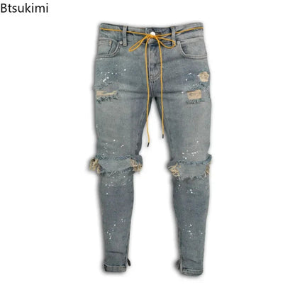 New 2025 Ripped Hole Jeans for Men Hip Hop Cargo Pant Distressed Denim Jeans