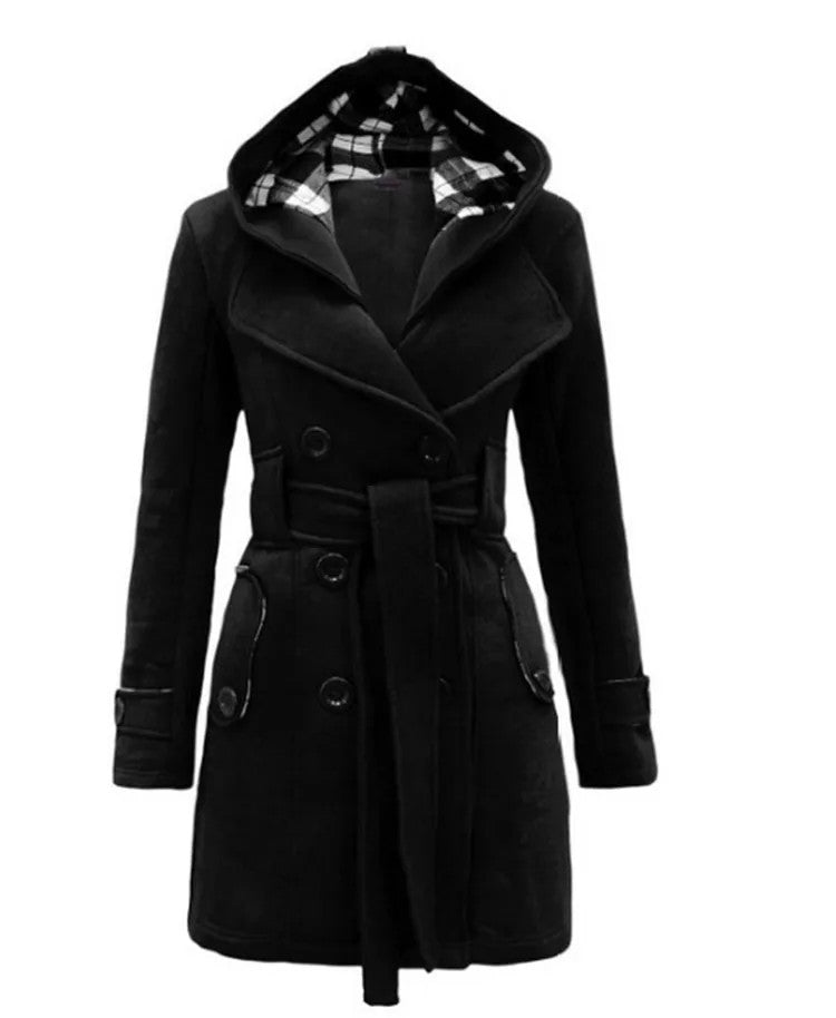 Fashionable Women's Woolen Warm Fleece Double Breast Jacket With Belts