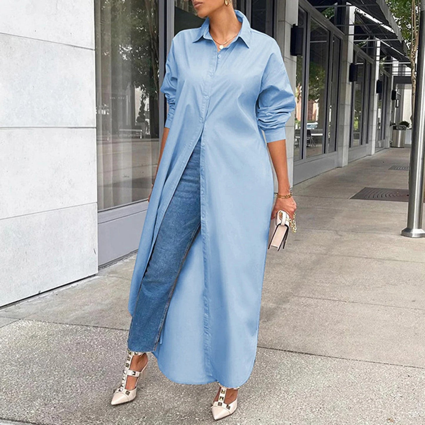 Women Shirt Windproof Shirt Dress Versatile Hem Stylish Autumn Winter Solid
