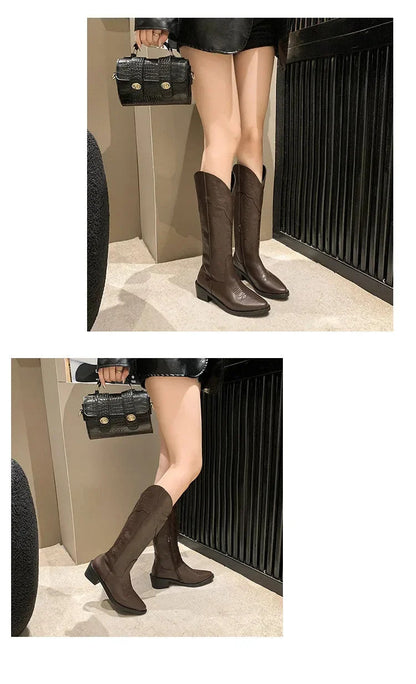 Vintage Black Western Cowboy Boots for Women Heels PU Leather Ankle Booties