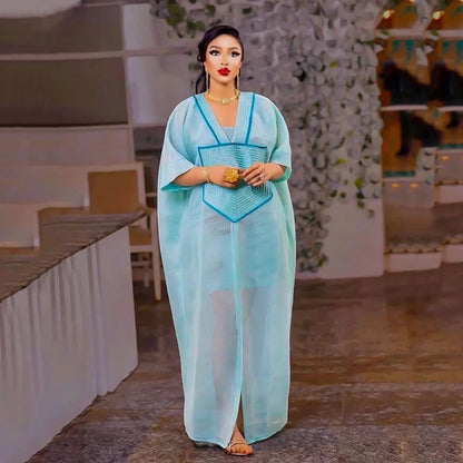 African Modern design blue mesh embroidered deep V-neck plus size skirt with