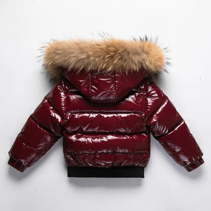 Kids Winter Down Jacket Real Faux Fur Waterproof Shiny Thick Warm Outerwear