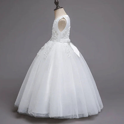 Girls White Lace Pearl Flower Princess Dress For Sequins Sleeveless First