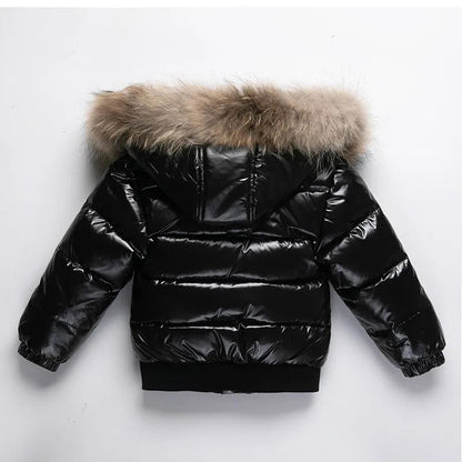 Kids Winter Down Jacket Real Faux Fur Waterproof Shiny Thick Warm Outerwear