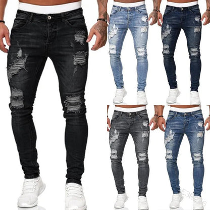 2025 New Fashion Street Style Ripped Skinny Jeans Men Vintage wash Solid Denim
