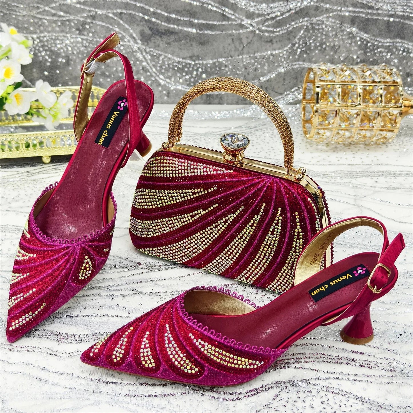 Women's Italian Diamond Studded Shoes and Bag Matching Set