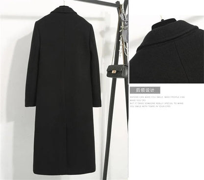 Women's Winter Classic Black Woolen Mid-Length Woolen Blend Overcoat