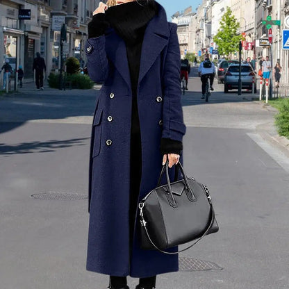 Women's Woollen Double-breasted Mid-calf Long Sleeves Jacket