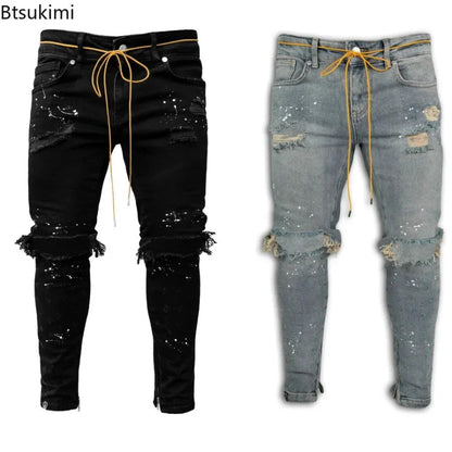 New 2025 Ripped Hole Jeans for Men Hip Hop Cargo Pant Distressed Denim Jeans